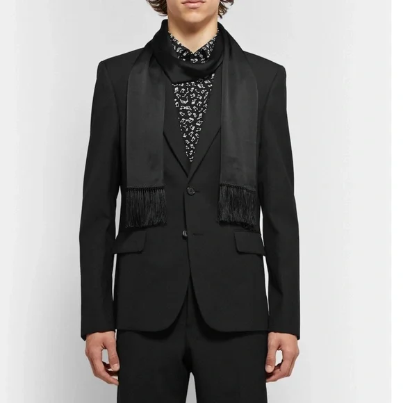 SAINT LAURENT - 100% SILK BLACK & WHITE POLKA DOT FRINGE SCARF - Picture 10 of 10